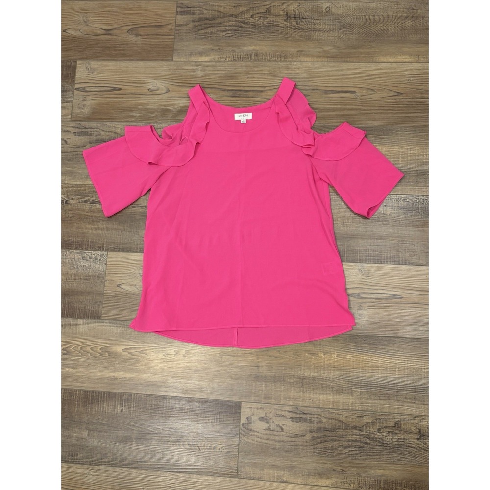 Umgee pink chiffon cold shoulder ruffle scoop neck Sm Barbie Core Airy Flowy